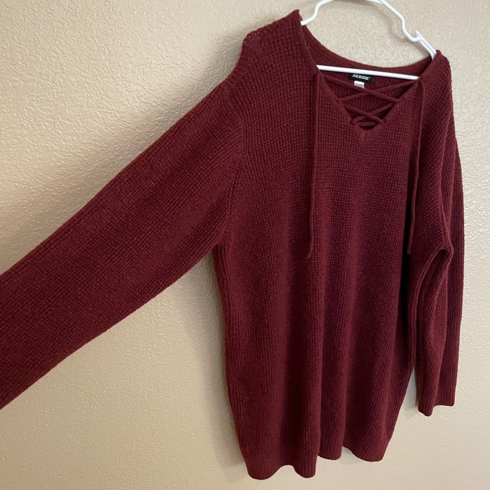 Oversized Waffle Knit V Neck Crisscross Sweater